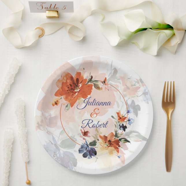 Plato De Papel boda floral de cascada azul y naranja (Boda)