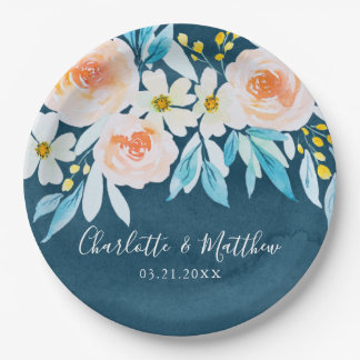 Plato De Papel Boda floral de color azul de la marina moderna