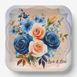 Plato De Papel Boda floral de color azul marino y pintura de colo