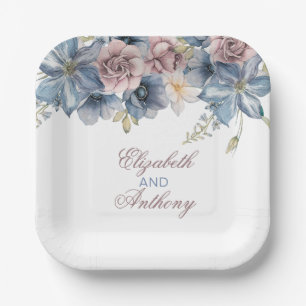 Plato De Papel Boda floral de color azul turbio y malva