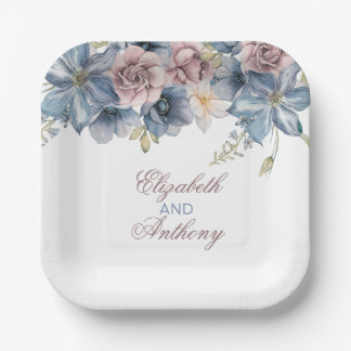 Plato De Papel Boda floral de color azul turbio y malva