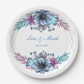 Plato De Papel Boda Floral De Color Azul Y Púrpura