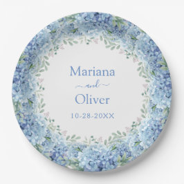 Plato De Papel Boda floral de color de agua de hidráneas azules