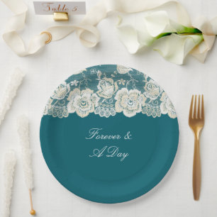 Plato De Papel Boda floral de encaje blanco azul Verde azulado ro