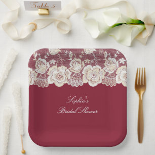 Plato De Papel Boda floral de encaje blanco de crema roja románti