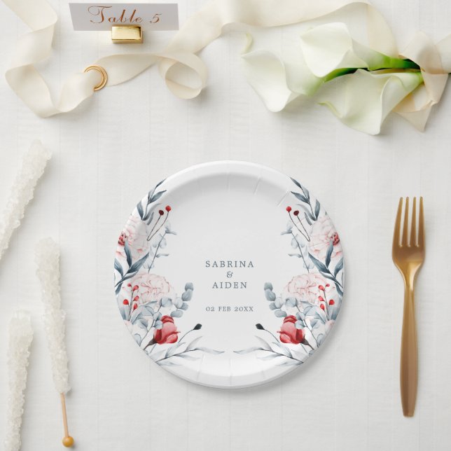 Plato De Papel Boda Floral De Flor Rojo Y Azul (Boda)
