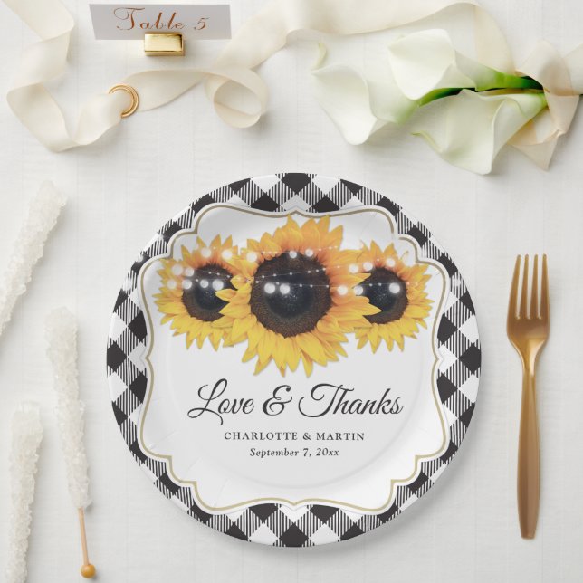 Plato De Papel Boda floral de girasol blanco negro (Boda)