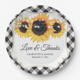 Plato De Papel Boda floral de girasol blanco negro