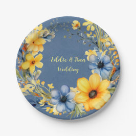 Plato De Papel Boda floral de guirnalda azul y amarillo