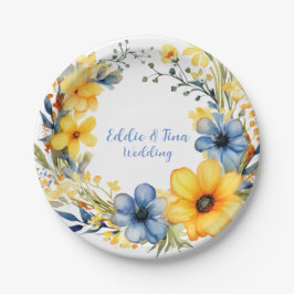 Plato De Papel Boda floral de guirnalda azul y amarillo