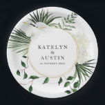 Plato De Papel boda floral de hojas de palmera tropicales<br><div class="desc">Un diseño sencillo con boda floral de hojas de palma tropical. Los detalles del texto y los colores se pueden editar.</div>