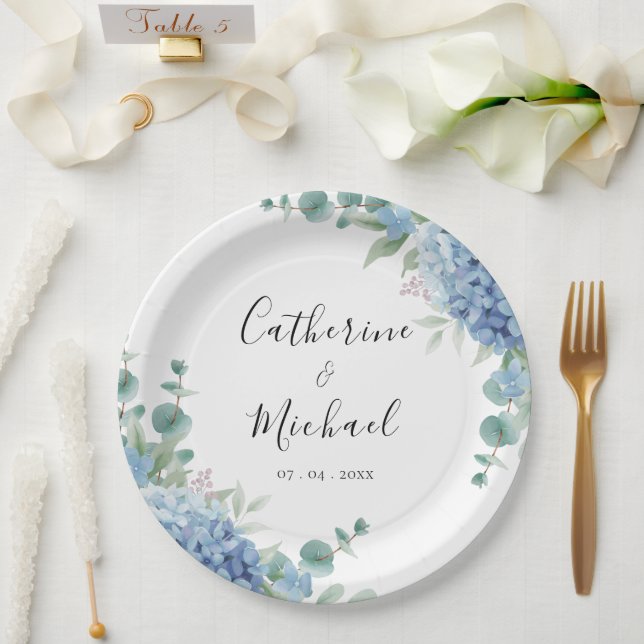 Plato De Papel Boda floral de Hortensia Azul  (Boda)