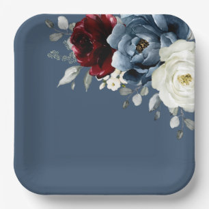 Plato De Papel Boda Floral de marfil blanco negro de pizarra azul