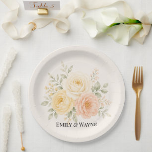 Plato De Papel Boda floral de mariposa amarilla y marfil