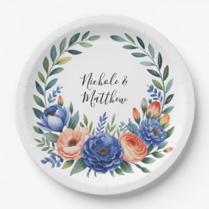 Plato De Papel Boda floral de naranja y azul cobalto