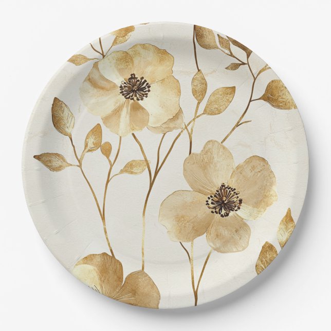 Plato De Papel Boda floral de oro crema (Anverso)