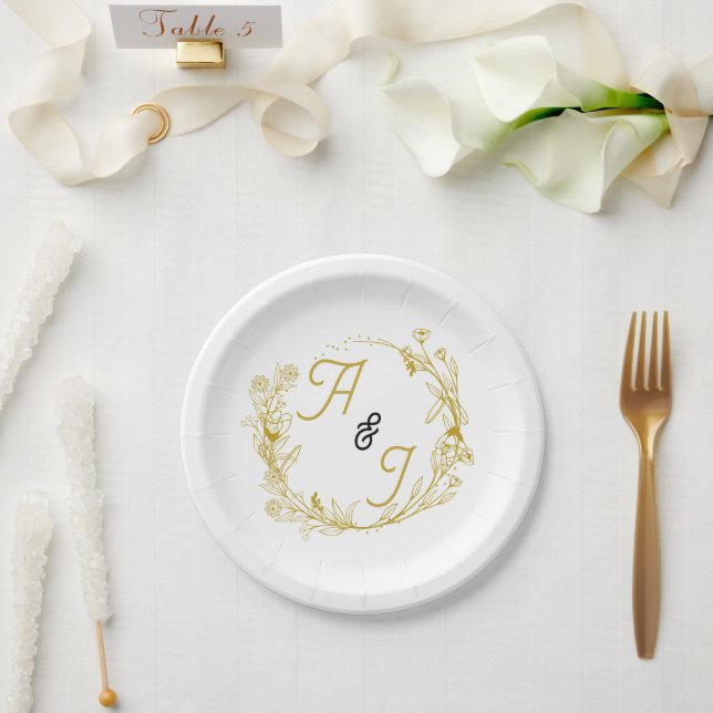 Plato De Papel Boda floral de oro editable  (Boda)