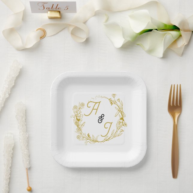 Plato De Papel Boda floral de oro editable  (Boda)