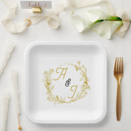 Plato De Papel Boda floral de oro editable