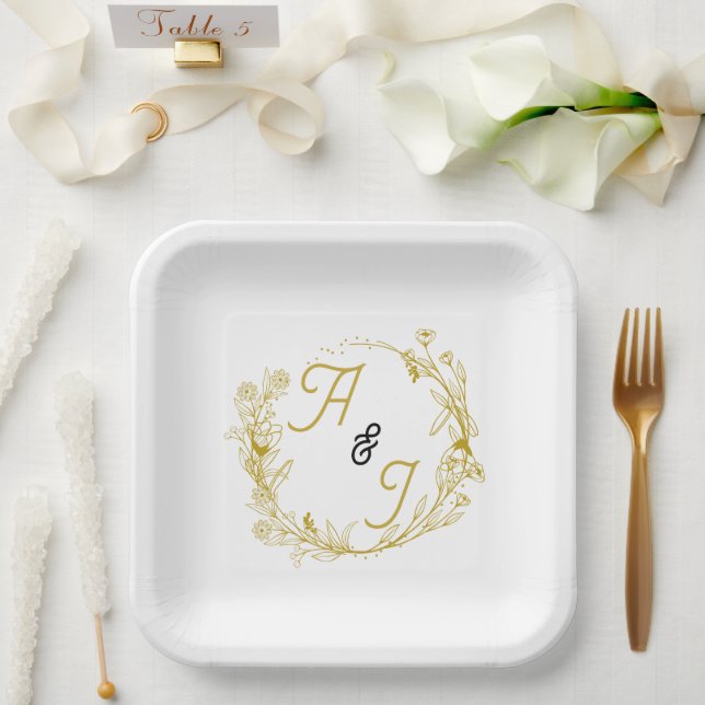 Plato De Papel Boda floral de oro editable  (Boda)