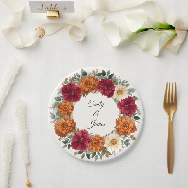 Plato De Papel Boda floral de otoño rústico personalizado (Boda)