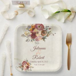 Plato De Papel Boda floral de otoño y dorado