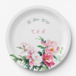 Plato De Papel Boda floral de peonía rosa suave y eucalipto