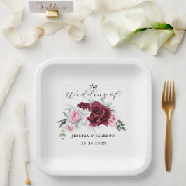 Plato De Papel Boda floral de rosa granate blanca rústica