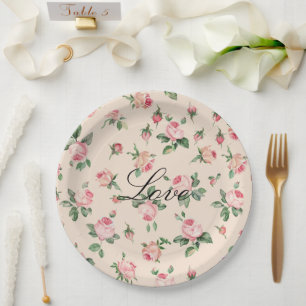 Plato De Papel Boda floral de rosas rosadas bonitos