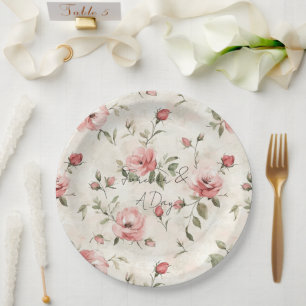 Plato De Papel Boda floral de rosas rosadas con crema