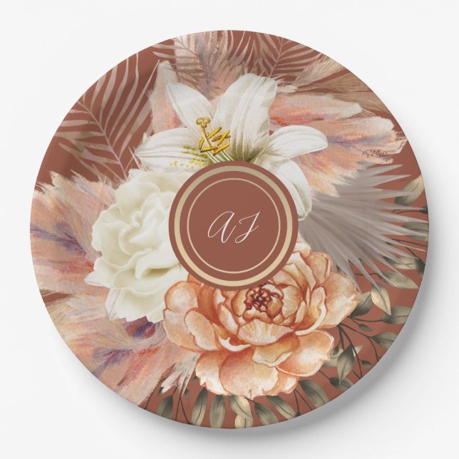 Plato De Papel Boda Floral de Terracota (Anverso)