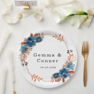 Plato De Papel Boda floral de terracota azul marino