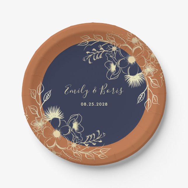 Plato De Papel Boda floral de terracota navy (Anverso)