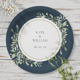 Plato De Papel Boda floral de verde moderno azul marino profundo