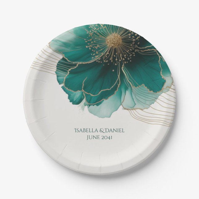 Plato De Papel Boda floral dorada turquesa (Anverso)