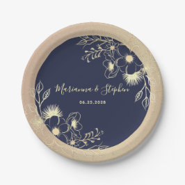 Plato De Papel Boda Floral Dorado Azul Marino