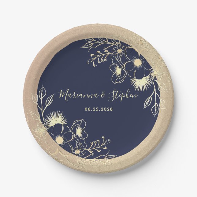 Plato De Papel Boda Floral Dorado Azul Marino (Anverso)
