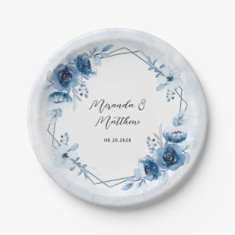 Plato De Papel Boda floral Dusty Blue and Navy Watercolor