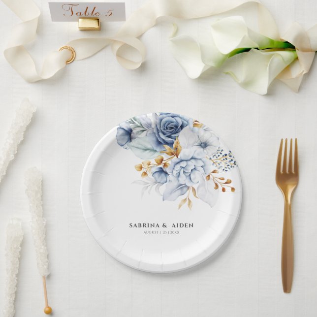 Plato De Papel Boda Floral Dusty Blue White Gold (Boda)