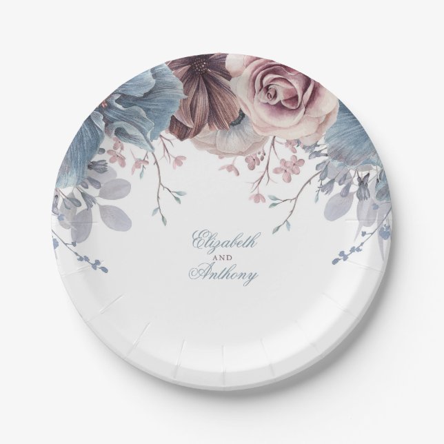 Plato De Papel Boda Floral Dusty Blue y Mauve (Anverso)