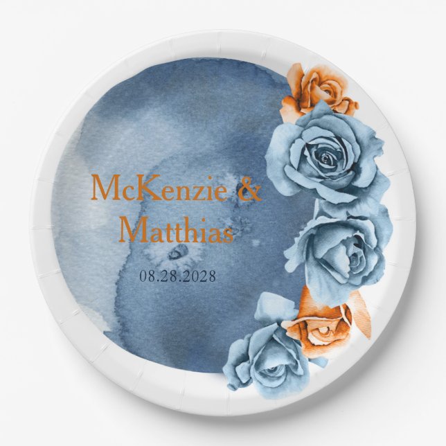 Plato De Papel Boda floral Dusty Blue y Rusty Peony (Anverso)