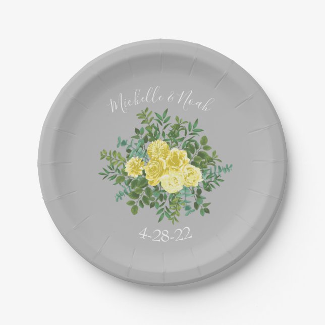 Plato De Papel Boda floral elegante amarillo y gris (Anverso)