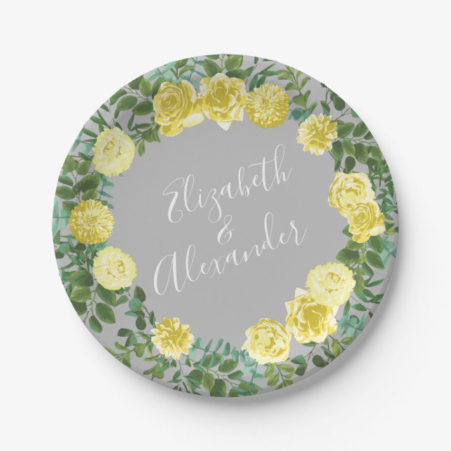 Plato De Papel Boda floral elegante amarillo y gris (Anverso)