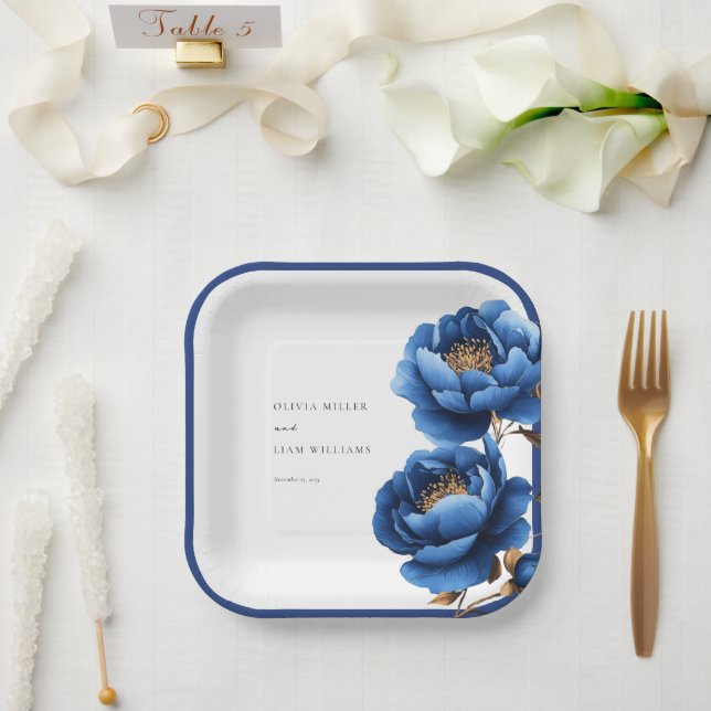 Plato De Papel Boda floral elegante azul marino y dorado (Boda)