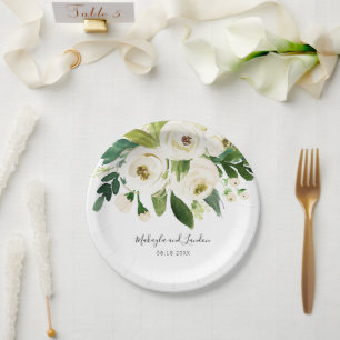 Plato De Papel Boda floral elegante de acuarela blanca