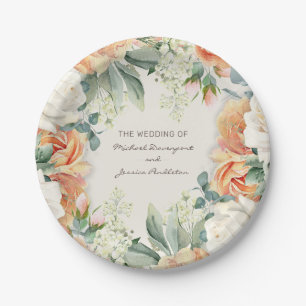 Plato De Papel Boda floral elegante de melocotón crema eucalipto
