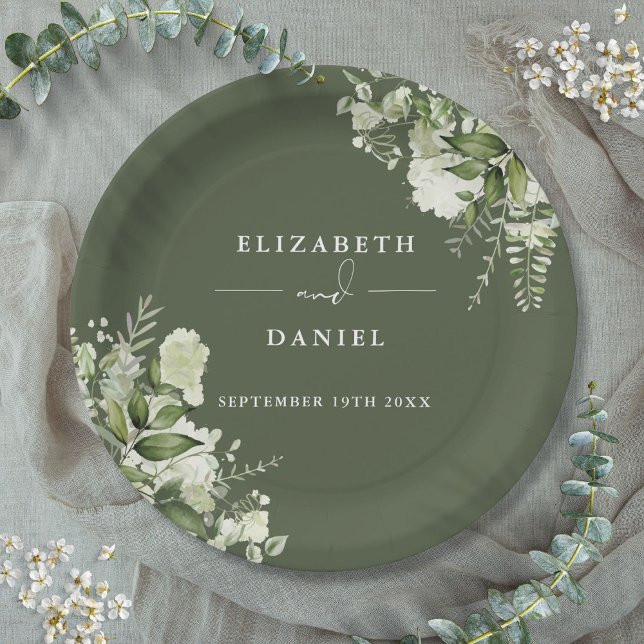 Plato De Papel Boda floral elegante de verde oliva con vegetación (Greenery Floral Elegant Olive Green Wedding Paper Plates)