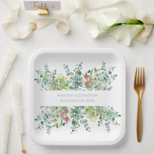 Plato De Papel Boda Floral Elegante Greenery Nombres de acuarela