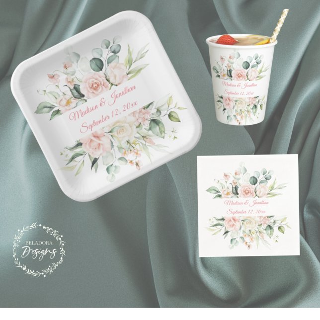 Plato De Papel Boda Floral Elegante Guión de fecha de Moda rosa (Subido por el creador)