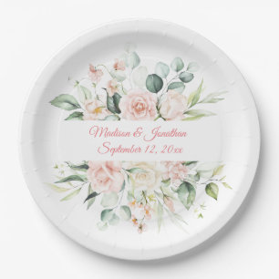 Plato De Papel Boda Floral Elegante Moda rosa con guión de fecha